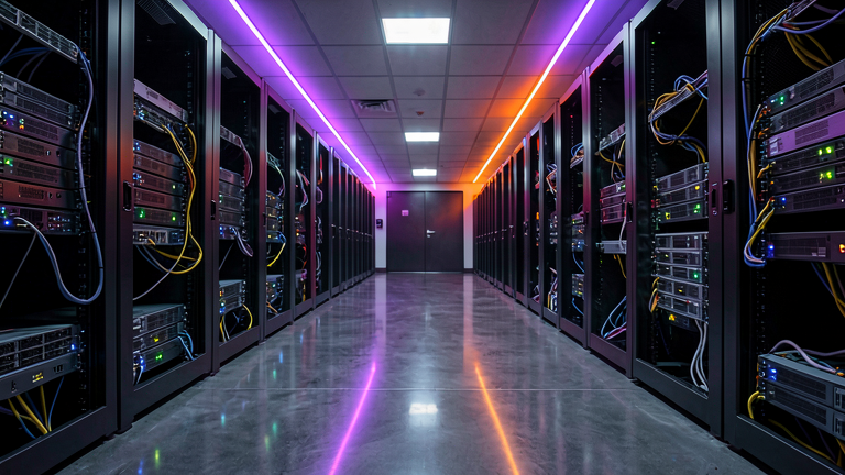 Data center corridor with server racks lit by purple and orange accent lighting